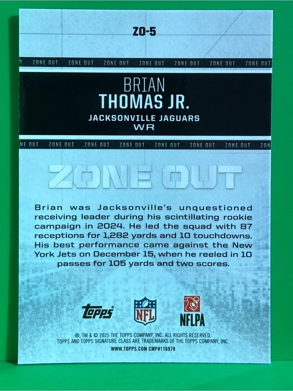 Topps Green and Black Brian Thomas Jr. Zone Out Card Back
